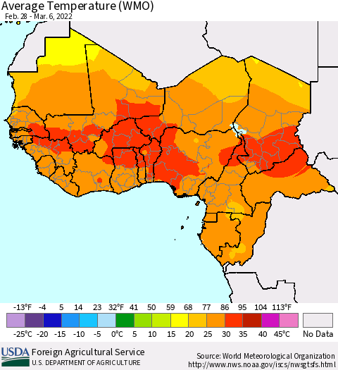 Western Africa Average Temperature (WMO) Thematic Map For 2/28/2022 - 3/6/2022