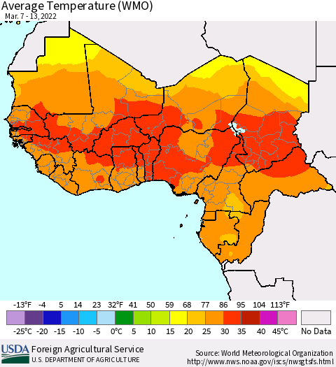 Western Africa Average Temperature (WMO) Thematic Map For 3/7/2022 - 3/13/2022