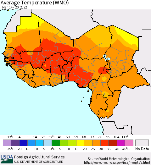 Western Africa Average Temperature (WMO) Thematic Map For 3/14/2022 - 3/20/2022