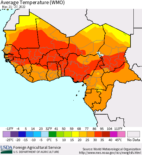 Western Africa Average Temperature (WMO) Thematic Map For 3/21/2022 - 3/27/2022