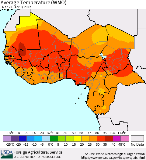 Western Africa Average Temperature (WMO) Thematic Map For 3/28/2022 - 4/3/2022