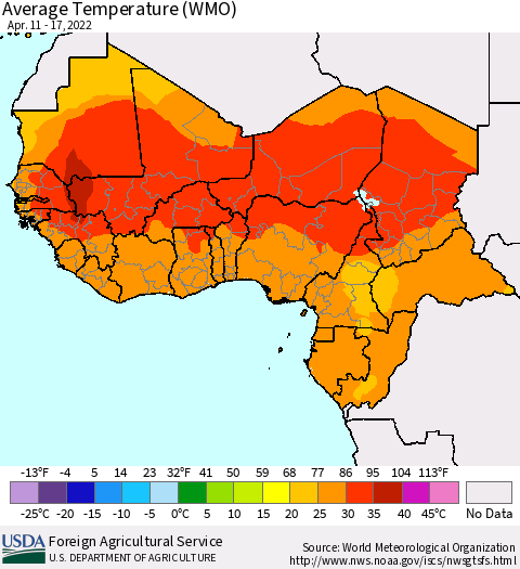 Western Africa Average Temperature (WMO) Thematic Map For 4/11/2022 - 4/17/2022