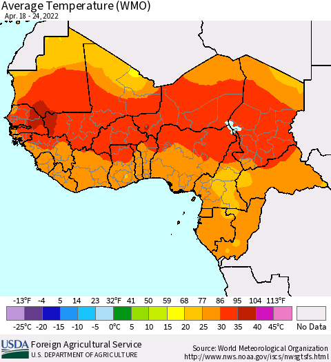 Western Africa Average Temperature (WMO) Thematic Map For 4/18/2022 - 4/24/2022