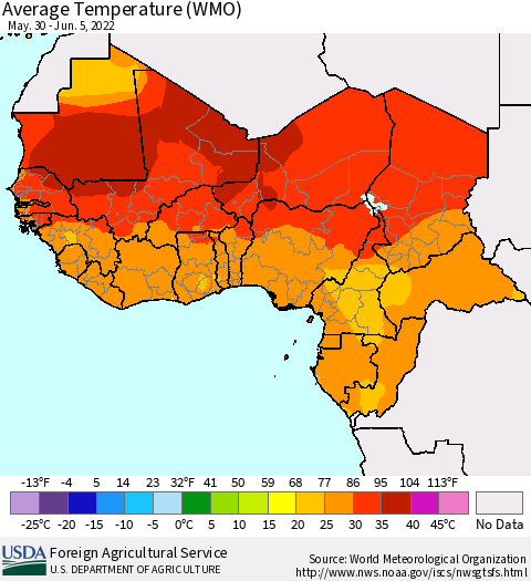 Western Africa Average Temperature (WMO) Thematic Map For 5/30/2022 - 6/5/2022
