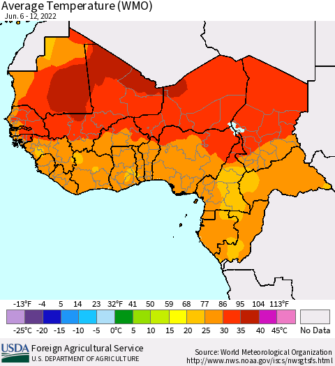 Western Africa Average Temperature (WMO) Thematic Map For 6/6/2022 - 6/12/2022