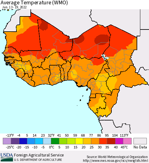 Western Africa Average Temperature (WMO) Thematic Map For 6/13/2022 - 6/19/2022