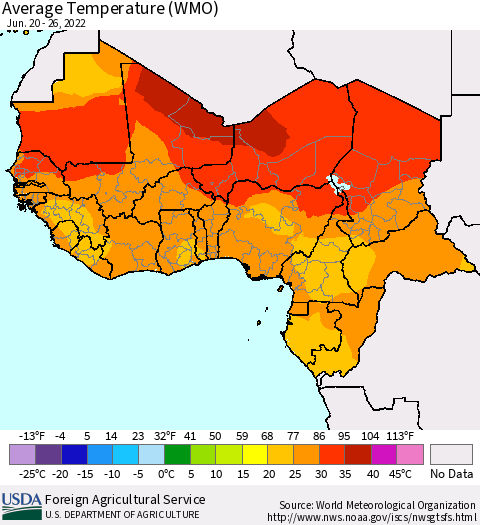 Western Africa Average Temperature (WMO) Thematic Map For 6/20/2022 - 6/26/2022