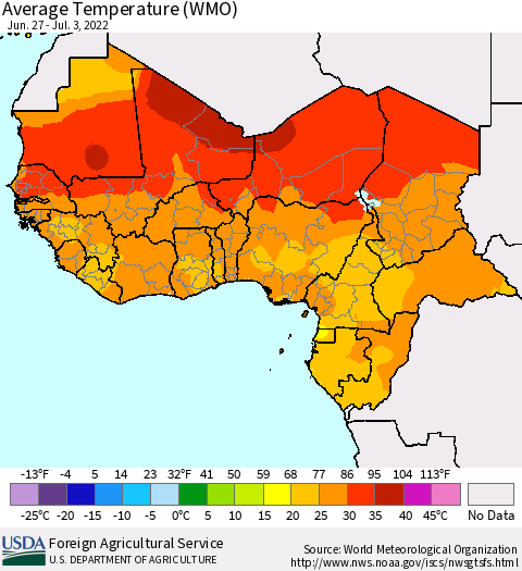 Western Africa Average Temperature (WMO) Thematic Map For 6/27/2022 - 7/3/2022