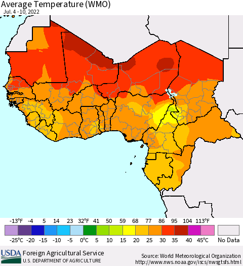 Western Africa Average Temperature (WMO) Thematic Map For 7/4/2022 - 7/10/2022