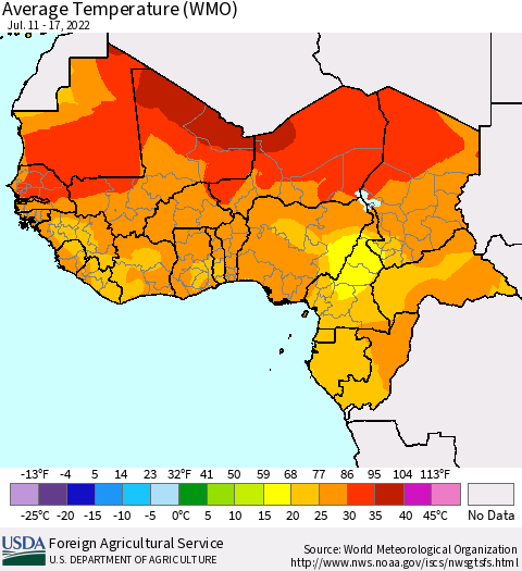 Western Africa Average Temperature (WMO) Thematic Map For 7/11/2022 - 7/17/2022
