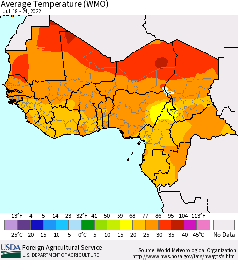 Western Africa Average Temperature (WMO) Thematic Map For 7/18/2022 - 7/24/2022