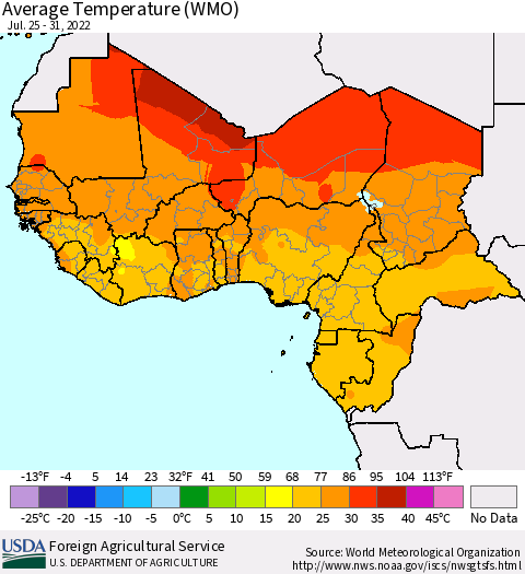Western Africa Average Temperature (WMO) Thematic Map For 7/25/2022 - 7/31/2022