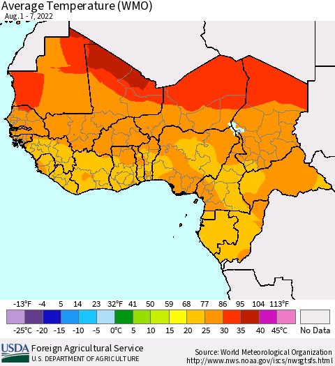 Western Africa Average Temperature (WMO) Thematic Map For 8/1/2022 - 8/7/2022