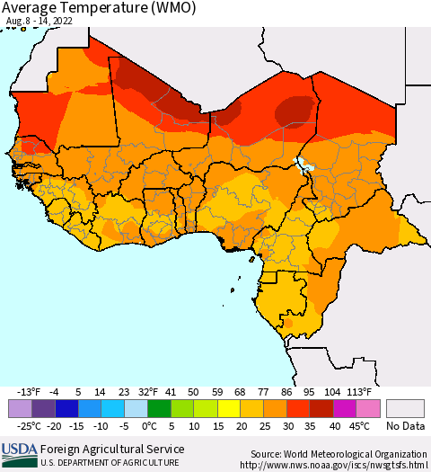 Western Africa Average Temperature (WMO) Thematic Map For 8/8/2022 - 8/14/2022