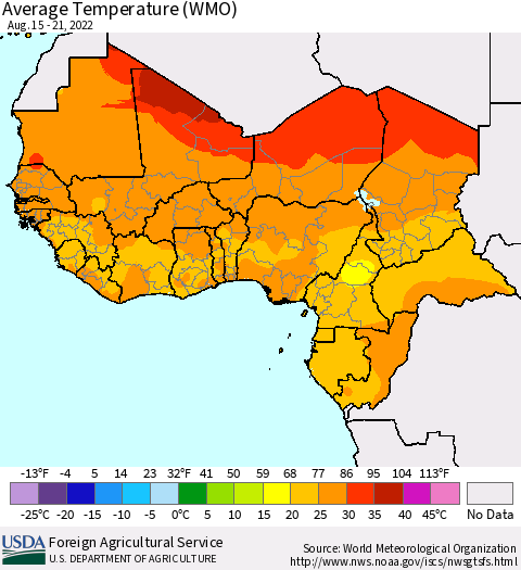 Western Africa Average Temperature (WMO) Thematic Map For 8/15/2022 - 8/21/2022
