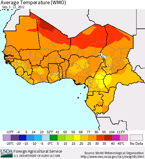 Western Africa Average Temperature (WMO) Thematic Map For 9/5/2022 - 9/11/2022