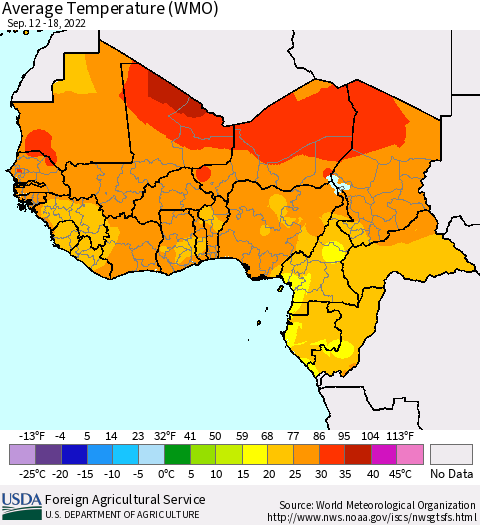 Western Africa Average Temperature (WMO) Thematic Map For 9/12/2022 - 9/18/2022