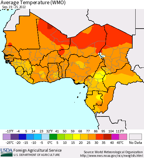 Western Africa Average Temperature (WMO) Thematic Map For 9/19/2022 - 9/25/2022