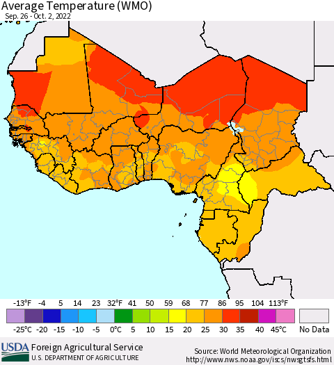 Western Africa Average Temperature (WMO) Thematic Map For 9/26/2022 - 10/2/2022