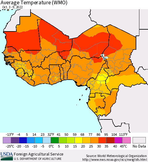Western Africa Average Temperature (WMO) Thematic Map For 10/3/2022 - 10/9/2022