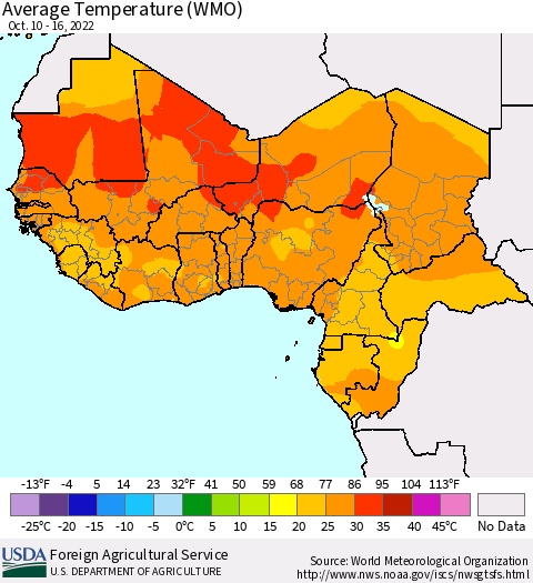 Western Africa Average Temperature (WMO) Thematic Map For 10/10/2022 - 10/16/2022