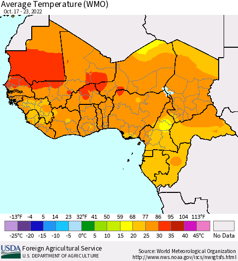Western Africa Average Temperature (WMO) Thematic Map For 10/17/2022 - 10/23/2022