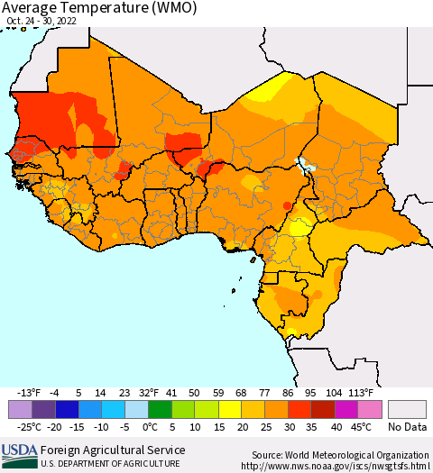 Western Africa Average Temperature (WMO) Thematic Map For 10/24/2022 - 10/30/2022