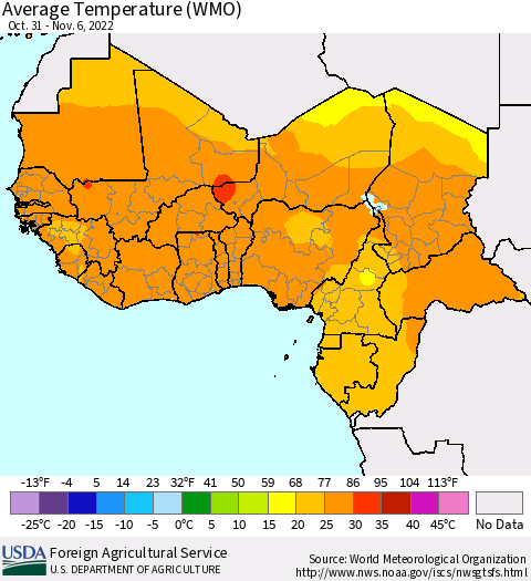 Western Africa Average Temperature (WMO) Thematic Map For 10/31/2022 - 11/6/2022