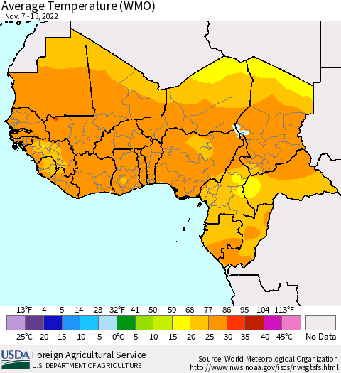 Western Africa Average Temperature (WMO) Thematic Map For 11/7/2022 - 11/13/2022
