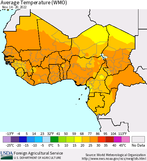 Western Africa Average Temperature (WMO) Thematic Map For 11/14/2022 - 11/20/2022