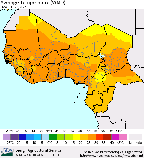 Western Africa Average Temperature (WMO) Thematic Map For 11/21/2022 - 11/27/2022