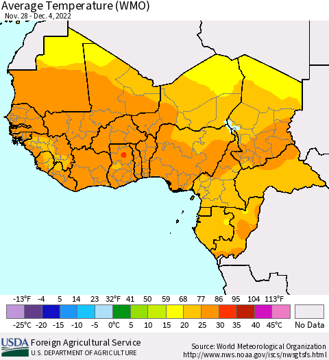 Western Africa Average Temperature (WMO) Thematic Map For 11/28/2022 - 12/4/2022