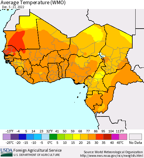 Western Africa Average Temperature (WMO) Thematic Map For 12/5/2022 - 12/11/2022
