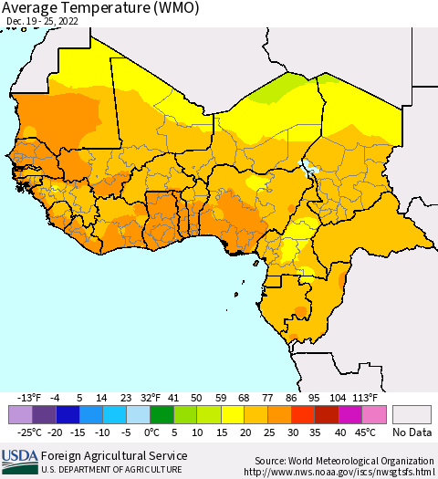 Western Africa Average Temperature (WMO) Thematic Map For 12/19/2022 - 12/25/2022