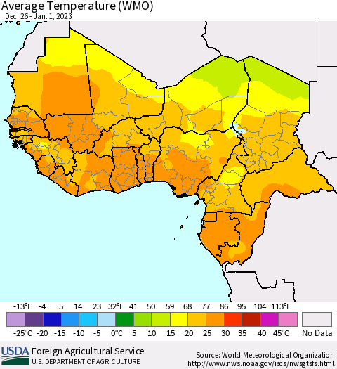 Western Africa Average Temperature (WMO) Thematic Map For 12/26/2022 - 1/1/2023