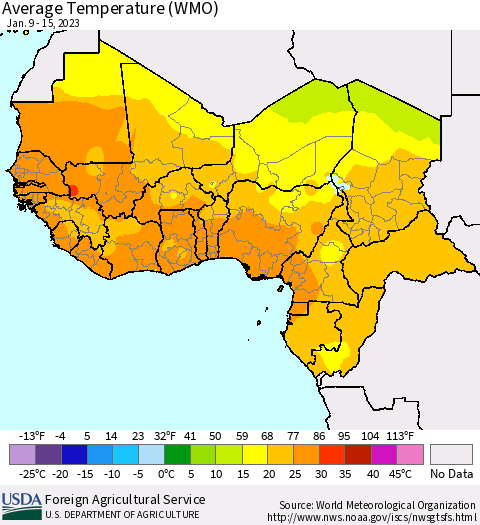 Western Africa Average Temperature (WMO) Thematic Map For 1/9/2023 - 1/15/2023