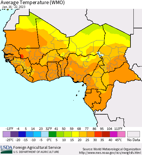 Western Africa Average Temperature (WMO) Thematic Map For 1/16/2023 - 1/22/2023