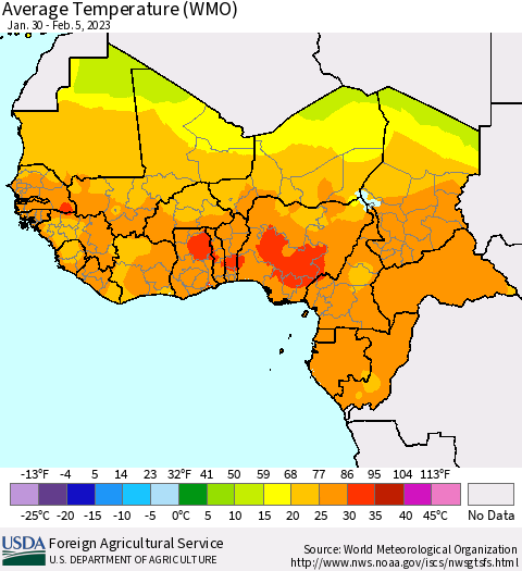 Western Africa Average Temperature (WMO) Thematic Map For 1/30/2023 - 2/5/2023