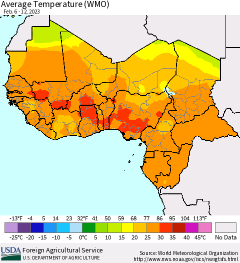 Western Africa Average Temperature (WMO) Thematic Map For 2/6/2023 - 2/12/2023