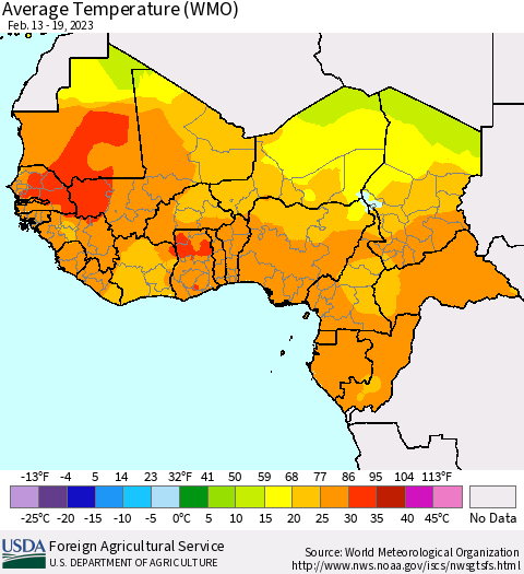Western Africa Average Temperature (WMO) Thematic Map For 2/13/2023 - 2/19/2023