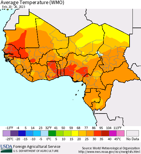 Western Africa Average Temperature (WMO) Thematic Map For 2/20/2023 - 2/26/2023