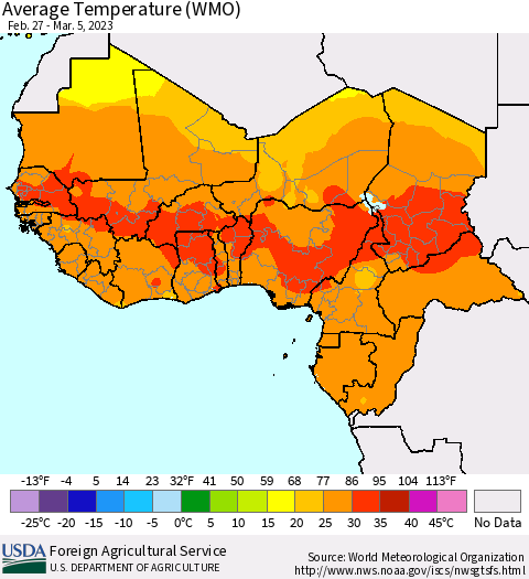 Western Africa Average Temperature (WMO) Thematic Map For 2/27/2023 - 3/5/2023