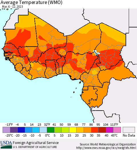 Western Africa Average Temperature (WMO) Thematic Map For 3/6/2023 - 3/12/2023