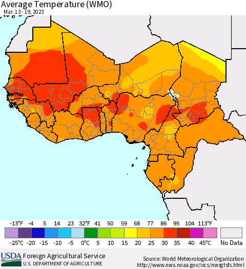 Western Africa Average Temperature (WMO) Thematic Map For 3/13/2023 - 3/19/2023