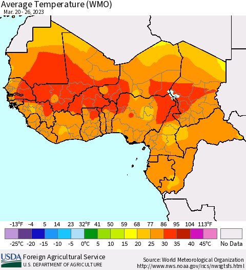 Western Africa Average Temperature (WMO) Thematic Map For 3/20/2023 - 3/26/2023