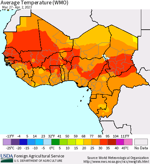 Western Africa Average Temperature (WMO) Thematic Map For 3/27/2023 - 4/2/2023