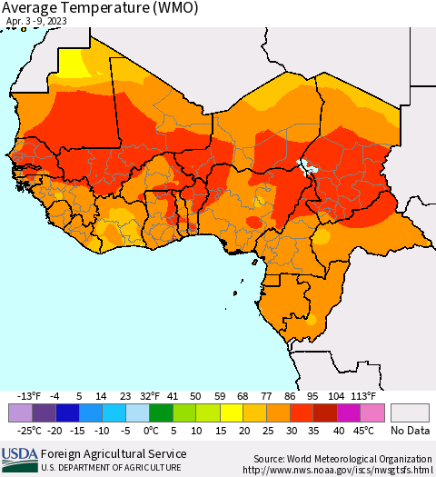 Western Africa Average Temperature (WMO) Thematic Map For 4/3/2023 - 4/9/2023