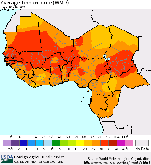Western Africa Average Temperature (WMO) Thematic Map For 4/10/2023 - 4/16/2023