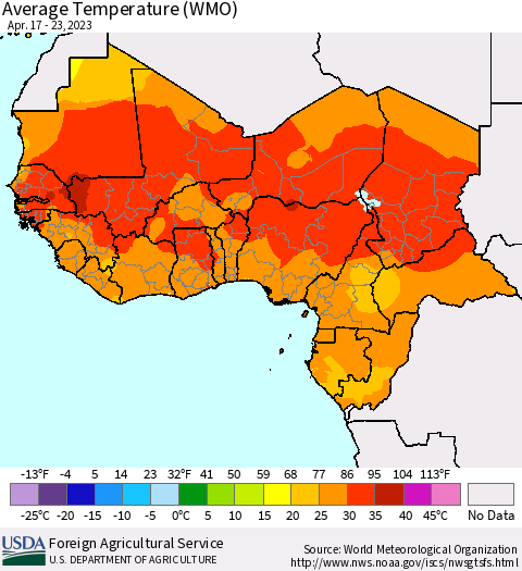 Western Africa Average Temperature (WMO) Thematic Map For 4/17/2023 - 4/23/2023