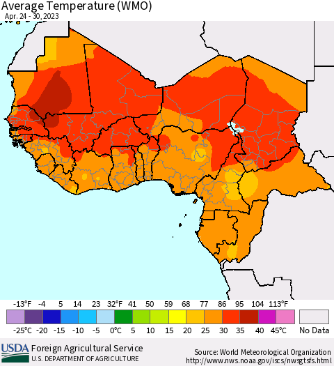 Western Africa Average Temperature (WMO) Thematic Map For 4/24/2023 - 4/30/2023